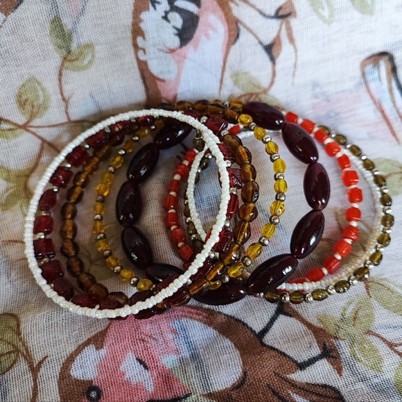 2 Black Beaded Glass Topaz Agate Fire Opal Pair of Memory Wire Bracelets - Picture 12 of 16